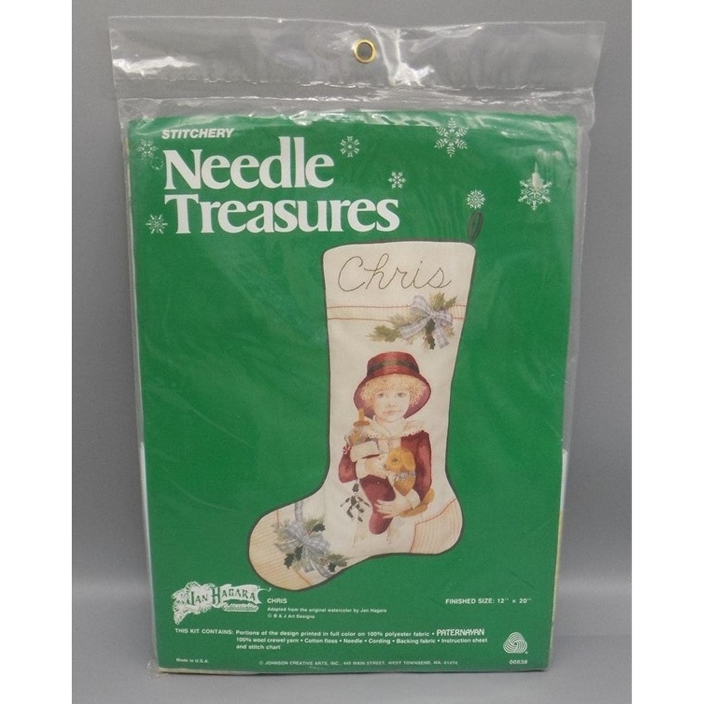 Vintage Jan Hagara Christmas Stocking Cross Stitch Kit Sealed Chris Needle Treas